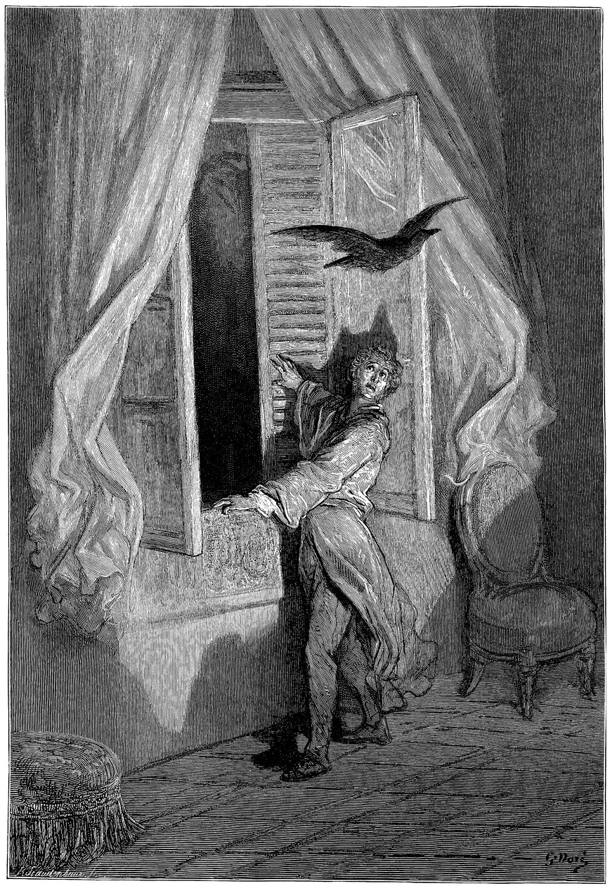 Gustave Dore (1832-1883) illusztrációja Edgar Allan Poe "A holló" (The Raven) című novellájához. Ezt a sorozatot Dore 1883-ban, halála évében fejezte be, így ez az egyik legfrissebb műve. alkotó: Gustave Dore