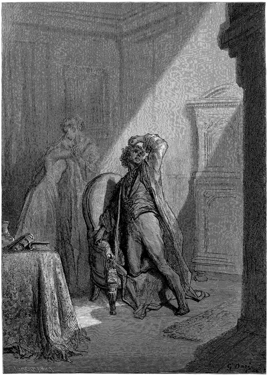 Gustave Dore (1832-1883) illusztrációja Edgar Allan Poe "A holló" (The Raven) című novellájához. Ezt a sorozatot Dore 1883-ban, halála évében fejezte be, így ez az egyik legfrissebb műve. alkotó: Gustave Dore