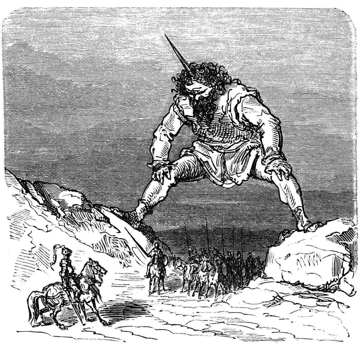 Gustave Dore (1832-1883) illusztrációja Ernest Lepine "La legende de Croquemitaine" című könyvéhez (1863) - Egy óriás, aki Gulliverre emlékeztet - alkotó: Gustave Dore