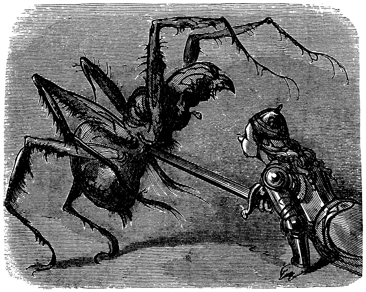Gustave Dore (1832-1883) illusztrációja Ernest Lepine "La legende de Croquemitaine" (1863) című könyvéhez - A karddal egy gigantikus páncélos ellen vívott harc képe előtt nem lehet nem gondolni Frodó és Aragne csatájára Tolkien könyvében. alkotó: Gustave Dore