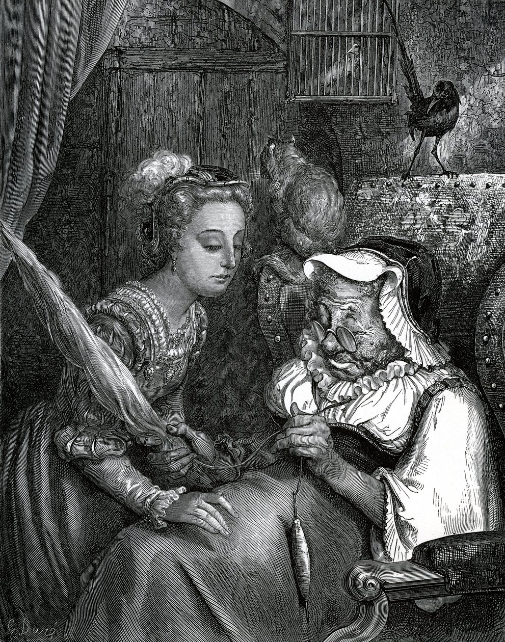 Gustave Dore illusztrációja Charles Perrault meséjéhez: Csipkerózsika. A hercegnő egy orsóban szaladó öregasszony ciccájába szúrja magát. alkotó: Gustave Dore