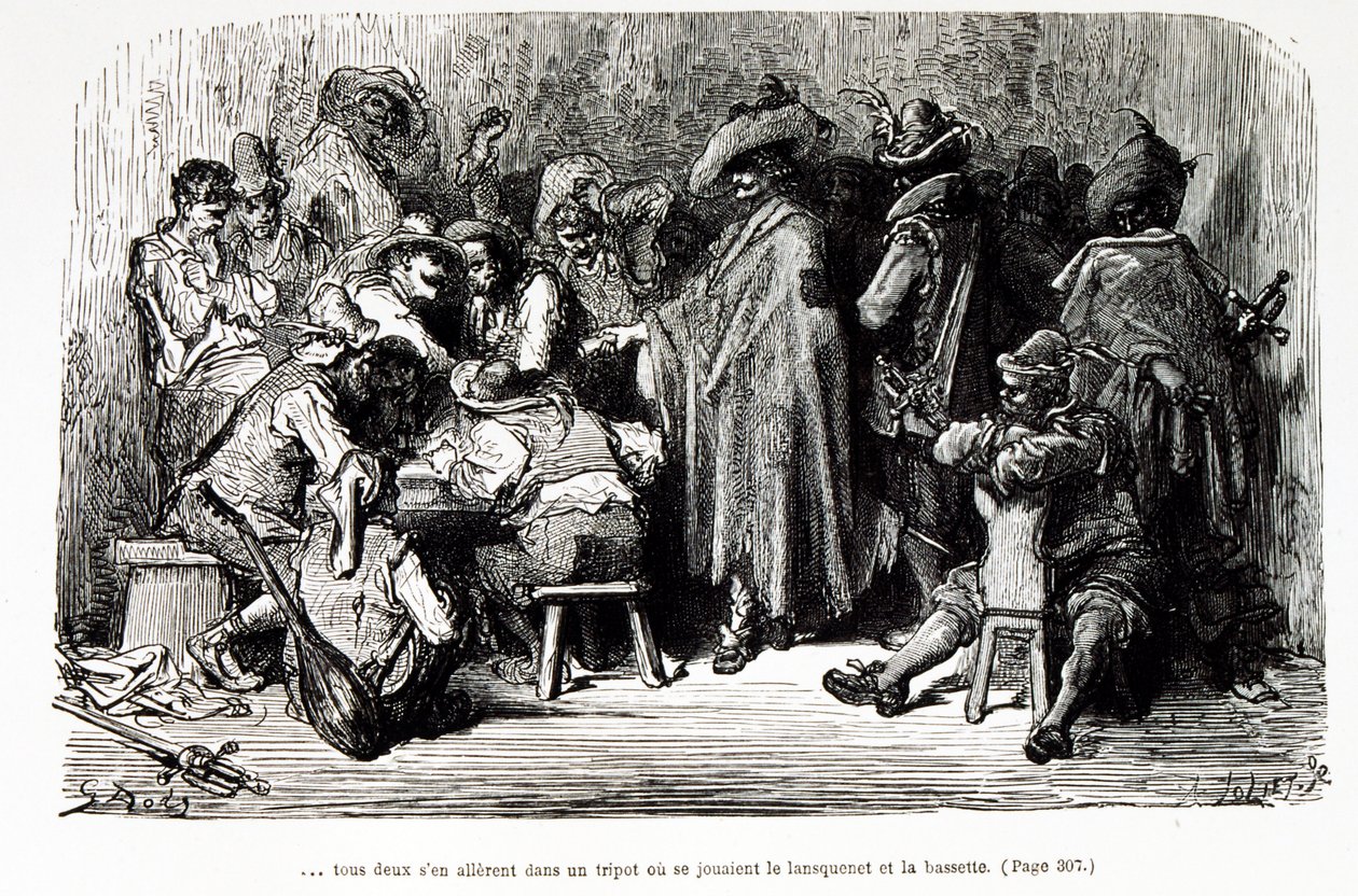 Illusztráció „Fracasse kapitány” Theophile Gautier kitalált karakterének ábrázolásával (metszet) alkotó: Gustave Dore