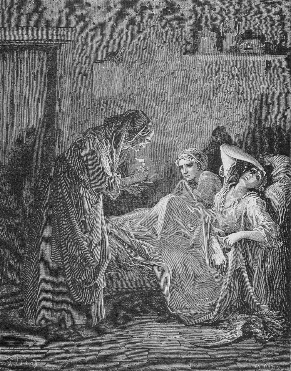 Illusztráció: Az öregasszony és a két szolga, Jean de La Fontaine (1621-95) „Fables” című művéből alkotó: Gustave Dore