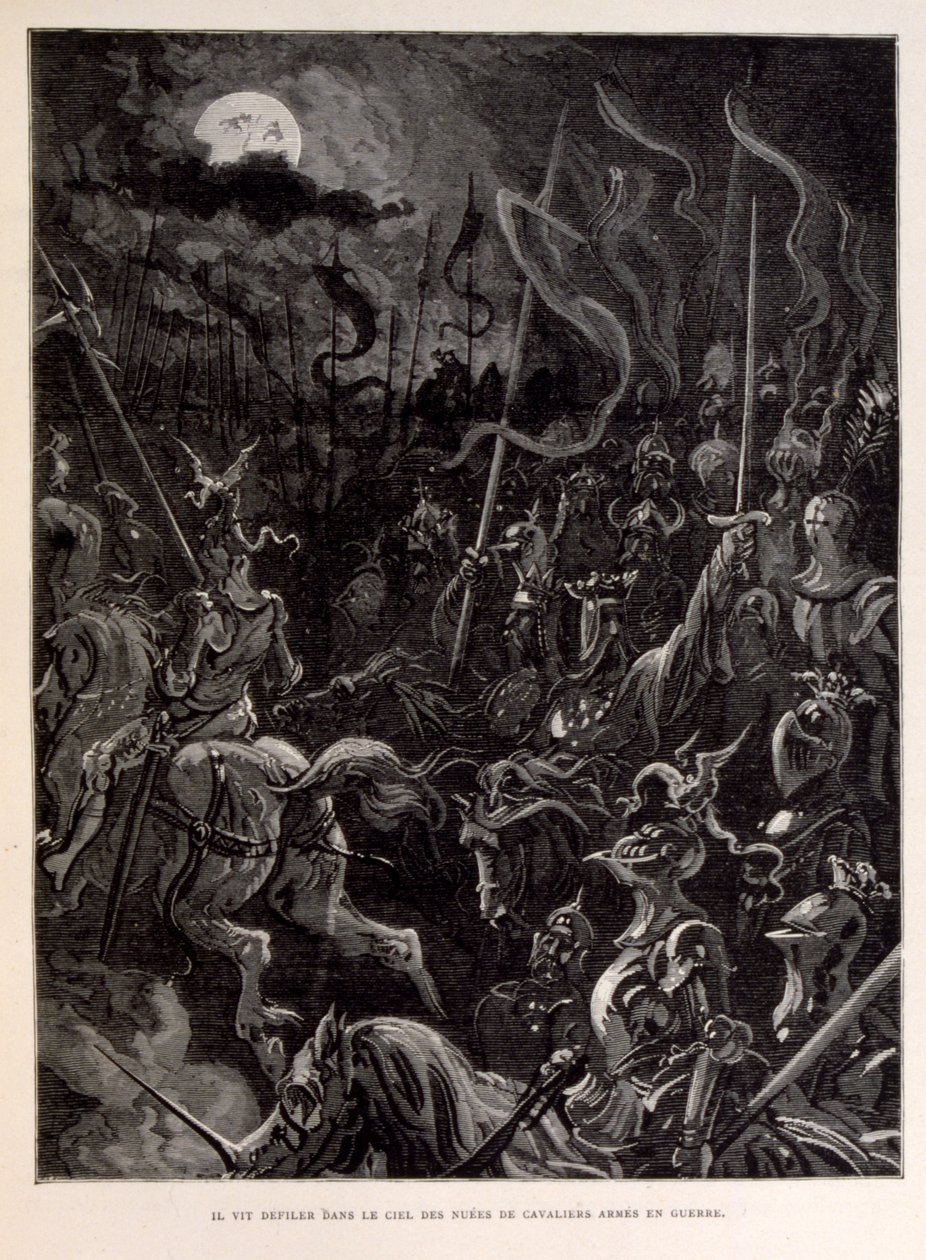 Illusztráció: Lovagok csatában egy holdfényes estén. alkotó: Gustave Dore