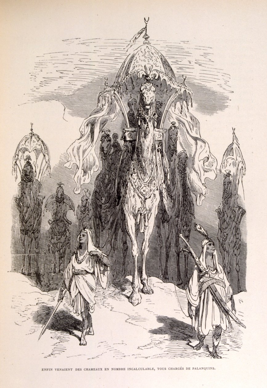 Illusztráció egy keleti tevevonatról, szolgákkal és kocsival. alkotó: Gustave Dore