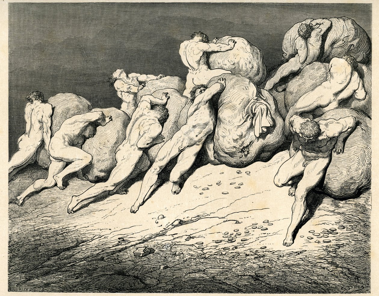A pokol negyedik körében, amely alatt Plútó (Hádész) uralkodik, az Avarok és a Prodigánok nehéz terheket (sziklákat) cipelnek és görgetnek, haraggal ütközve. Gustave Dore által illusztrált metszet Dante Alighieri A pokol című művéből (Isteni komédia). Fran alkotó: Gustave Dore