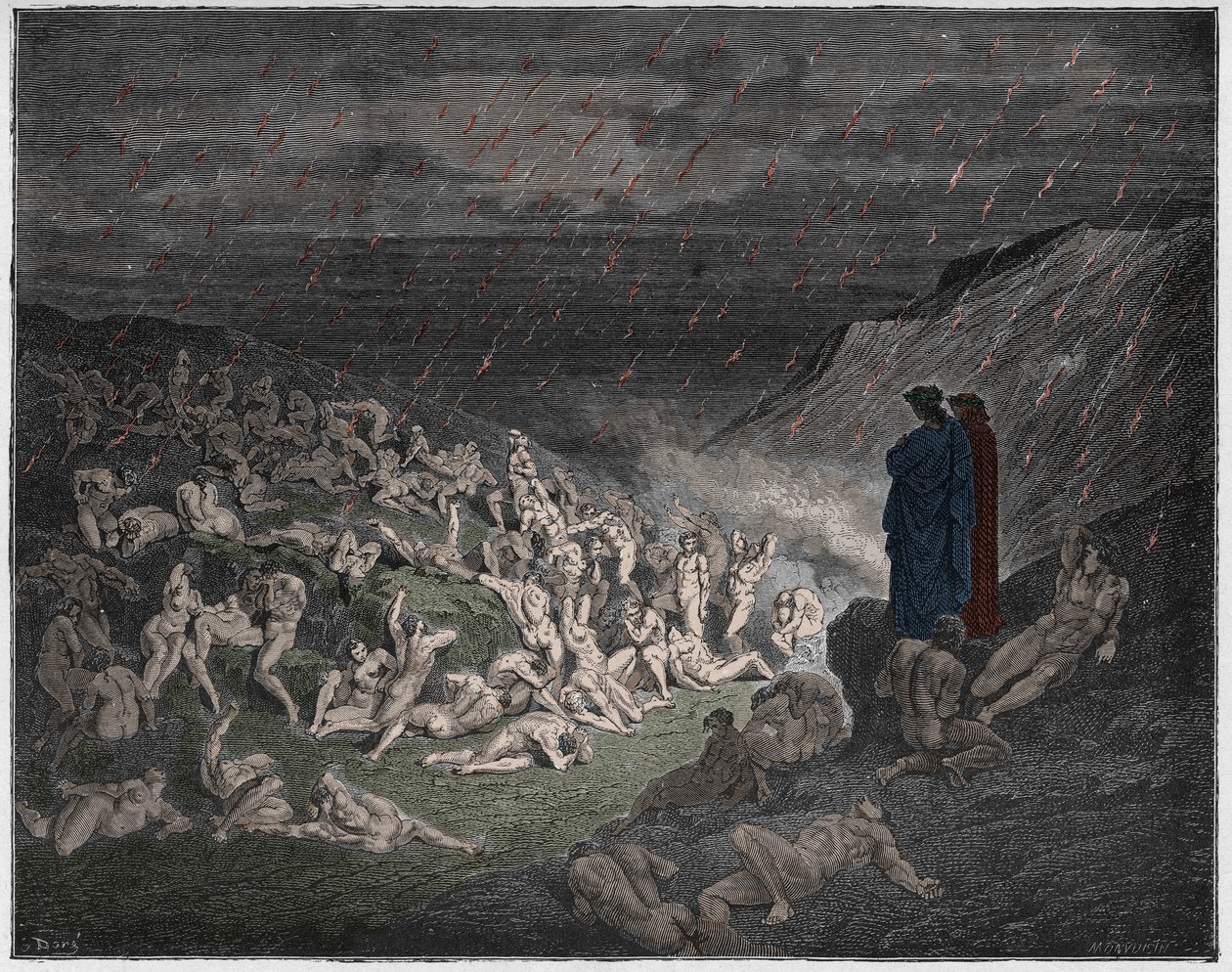 Inferno, 14. ének : Az erőszakos, tűzesőben gyötrődő, illusztráció Dante Alighieri "Isteni komédiájából". alkotó: Gustave Dore