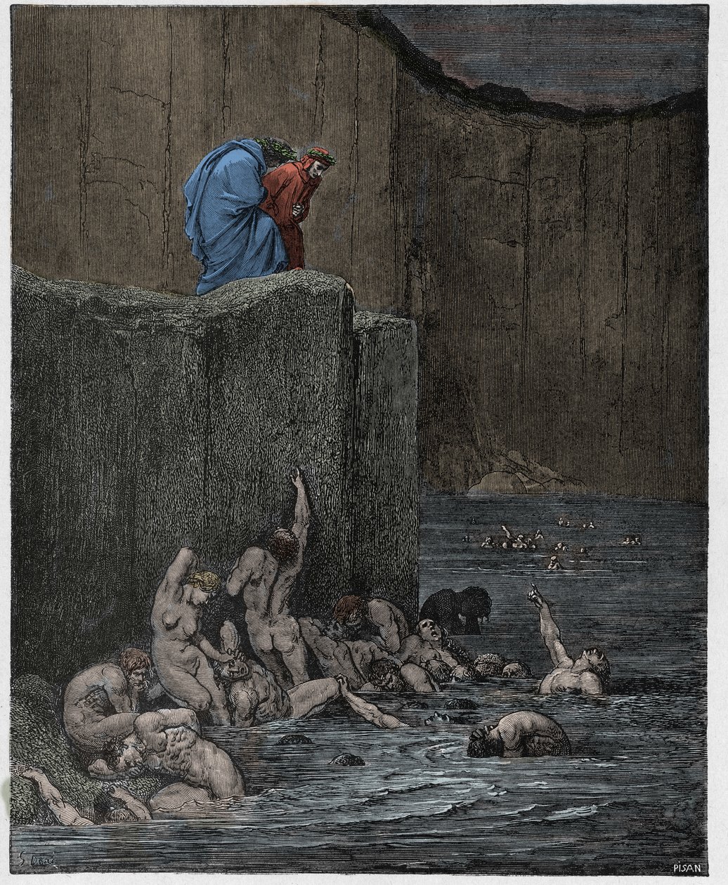 Inferno, 18. ének: Paramours és hízelkedők a nyolcadik körben, illusztráció Dante Alighieri "Isteni színjátékából", 1885 alkotó: Gustave Dore