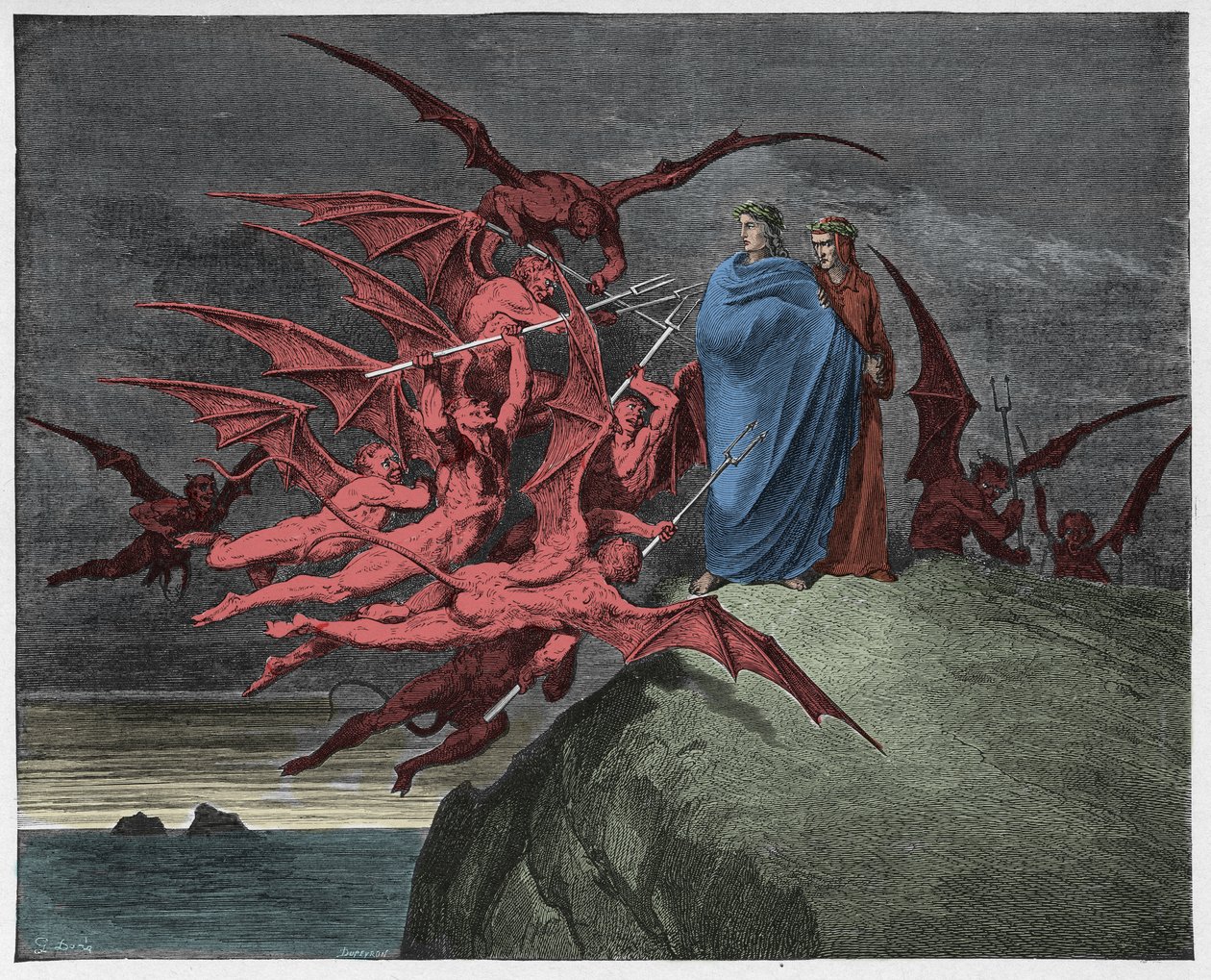 Inferno, 21. ének: A démonok Vergiliust fenyegetik, illusztráció Dante Alighieri "Isteni színjátékából", 1885 alkotó: Gustave Dore