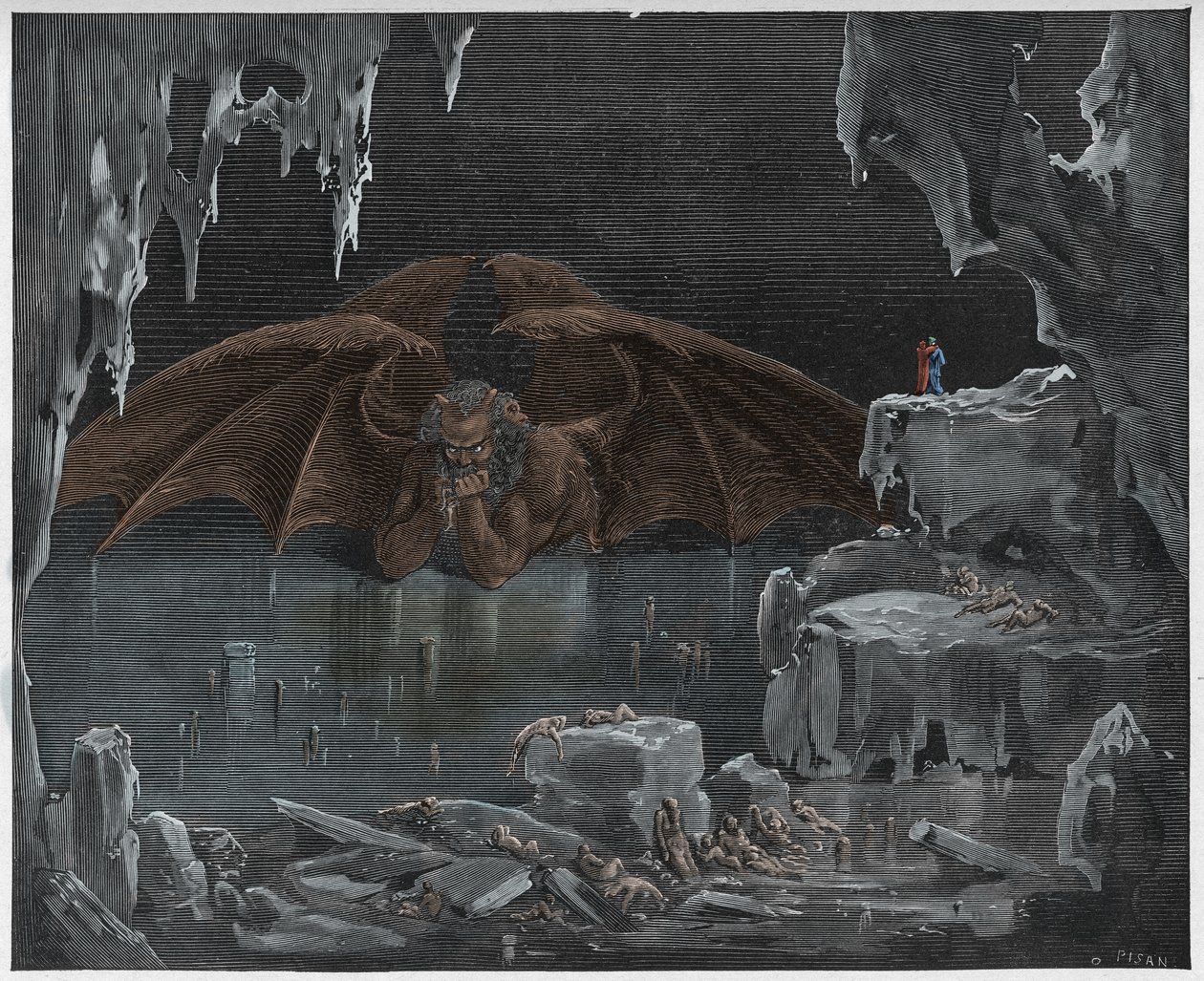 Inferno, 34. ének: Lucifer, a pokol királya, jégbe fagyva, illusztráció Dante Alighieri "Isteni színjátékából", 1885 alkotó: Gustave Dore