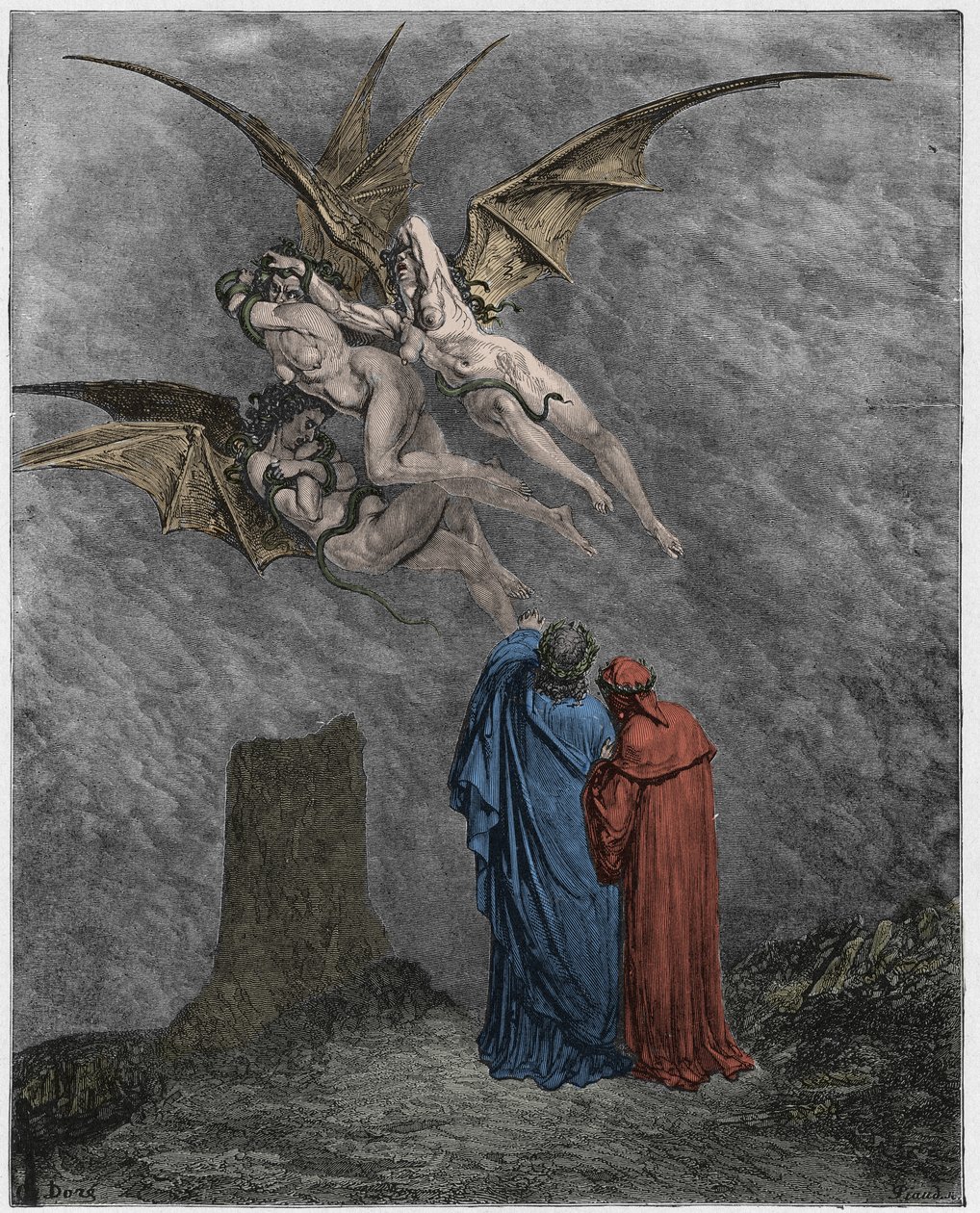 Inferno, 9. ének: Az undorító Erinyék: Megaera, Tisiphone, Alecto alkotó: Gustave Dore