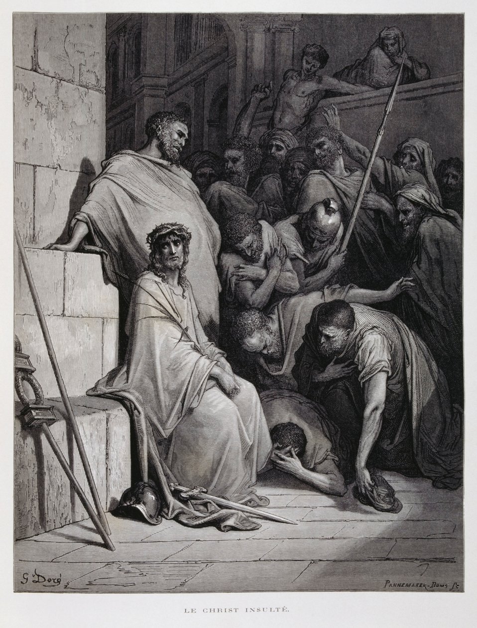 Krisztus szidalmazása a tárgyaláson, illusztráció a Dore Bibliából alkotó: Gustave Dore