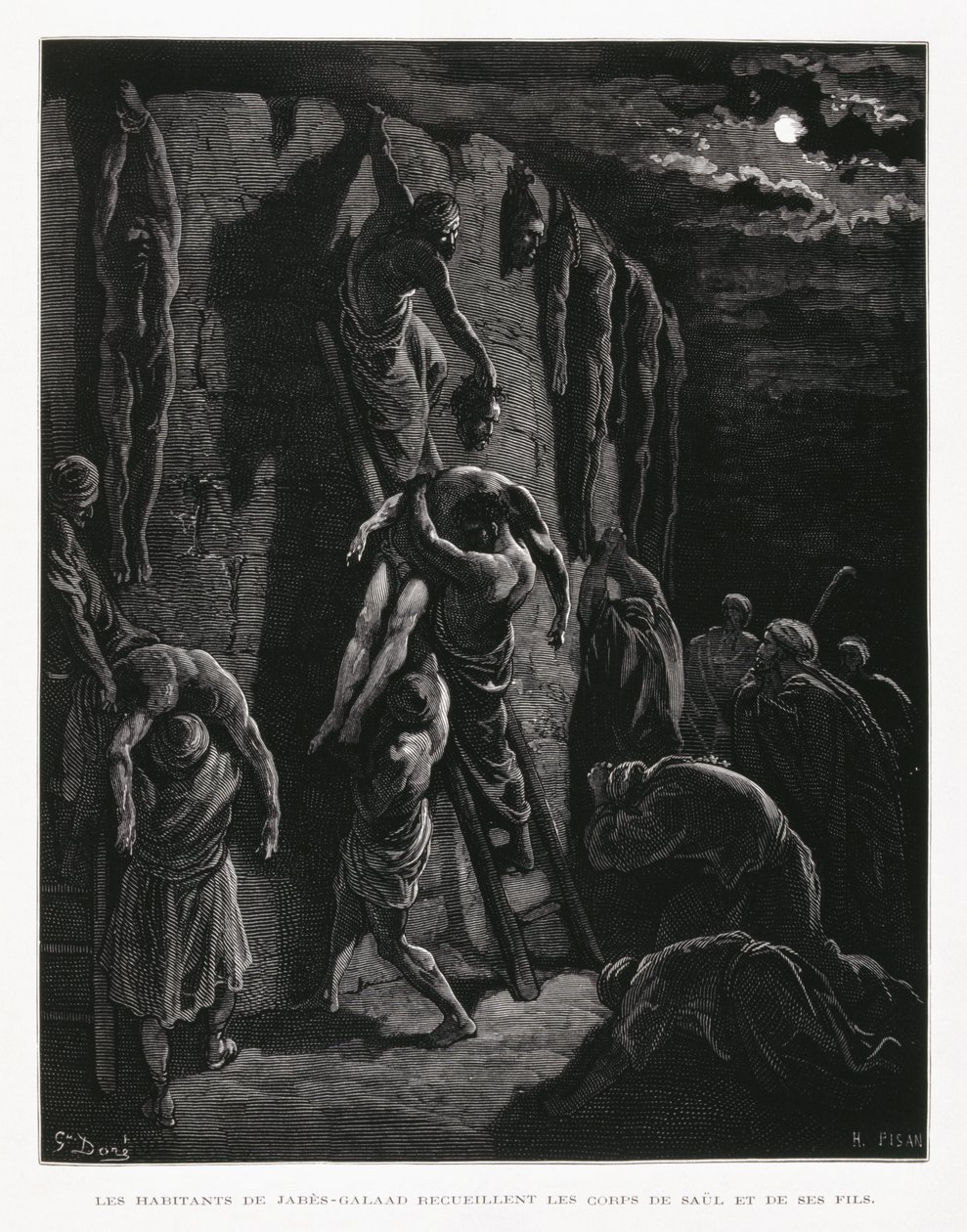 A jabes-gileádiak visszaszerzik Saul és fiai holttestét, illusztráció a Dore Bibliából. alkotó: Gustave Dore