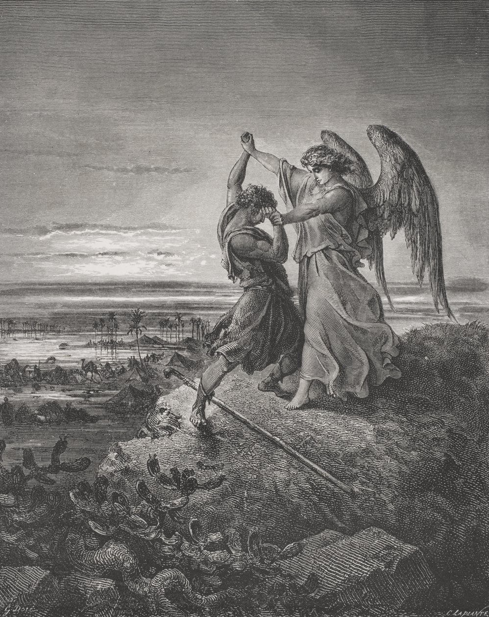 Jákob birkózik az angyallal, 1Mózes 32:24-32, illusztráció Dore „The Holy Bible” című művéből, Laplante metszete, 1866 alkotó: Gustave Dore