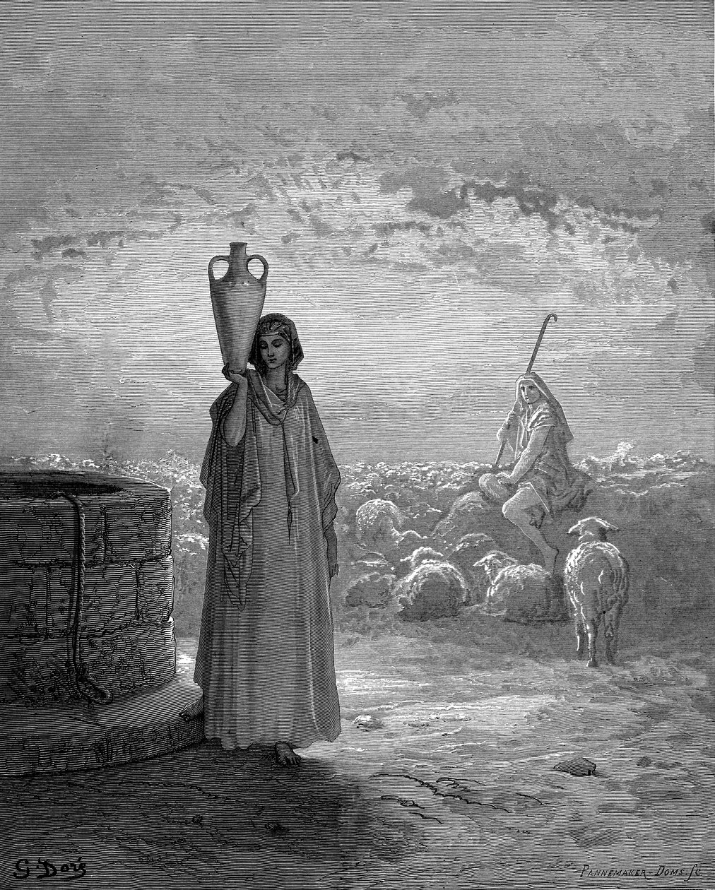 Jákob, aki Lábán nyájait tartja, meglátja Ráhelt a kútnál, 1866 alkotó: Gustave Dore