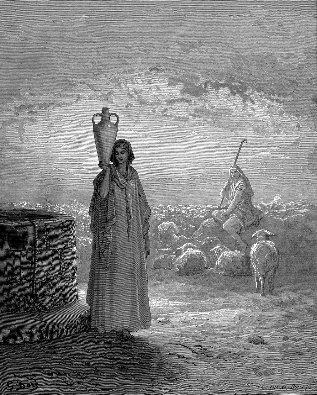 Jákob, aki Lábán nyájait tartja, meglátja Ráchelt a kútnál. Genesis 29. Gustave Dore illusztrált Bibliájából 1866. Fametszet alkotó: Gustave Dore