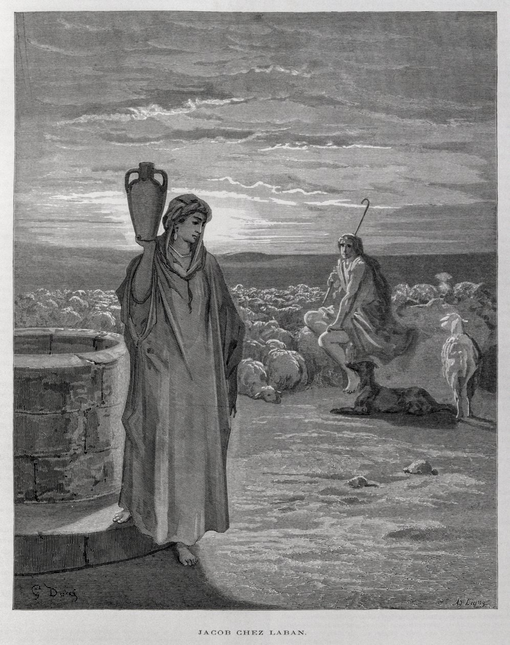 Jákob meglátja Ráhelt Lábán házának kútjánál, Illusztráció a Dore Bibliából. alkotó: Gustave Dore