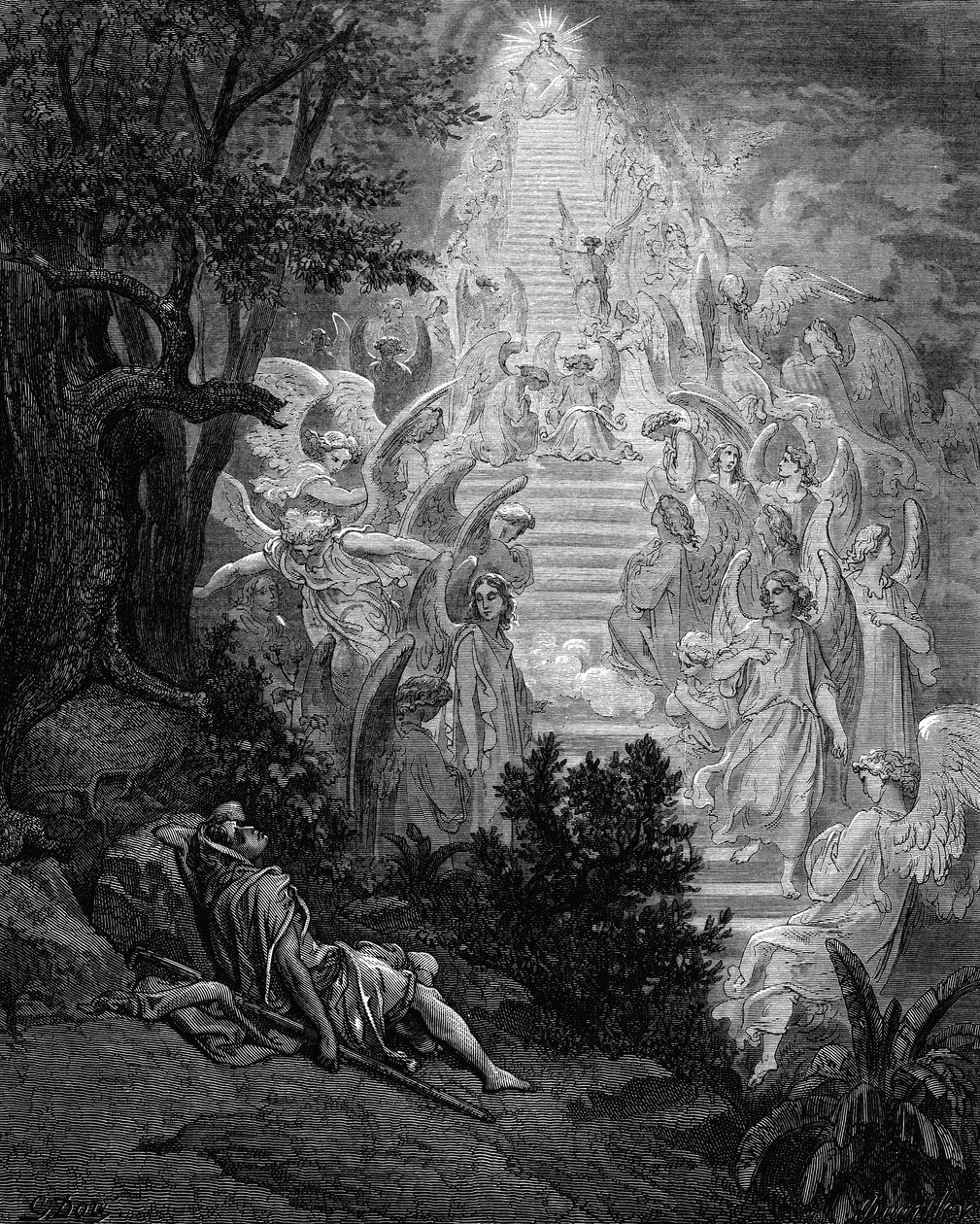 Jacobs egy mennybe vezető lépcsőről álmodik, tetején Istennel, 1865-1866 alkotó: Gustave Dore