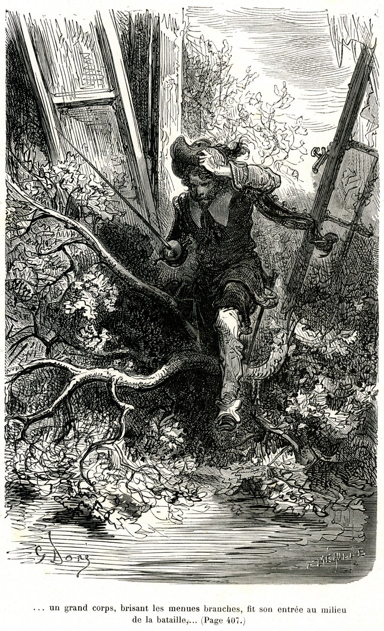 Jacquemin Lampourde, a pisztollyal a kezében, a csata egy pontján érkezett. Gustave Dore metszete, amely Theophile Gautier "Le capitaine Fracasse" című pikareszk regényét illusztrálja köpeny és epee címmel, edition Charpentier 1863. alkotó: Gustave Dore