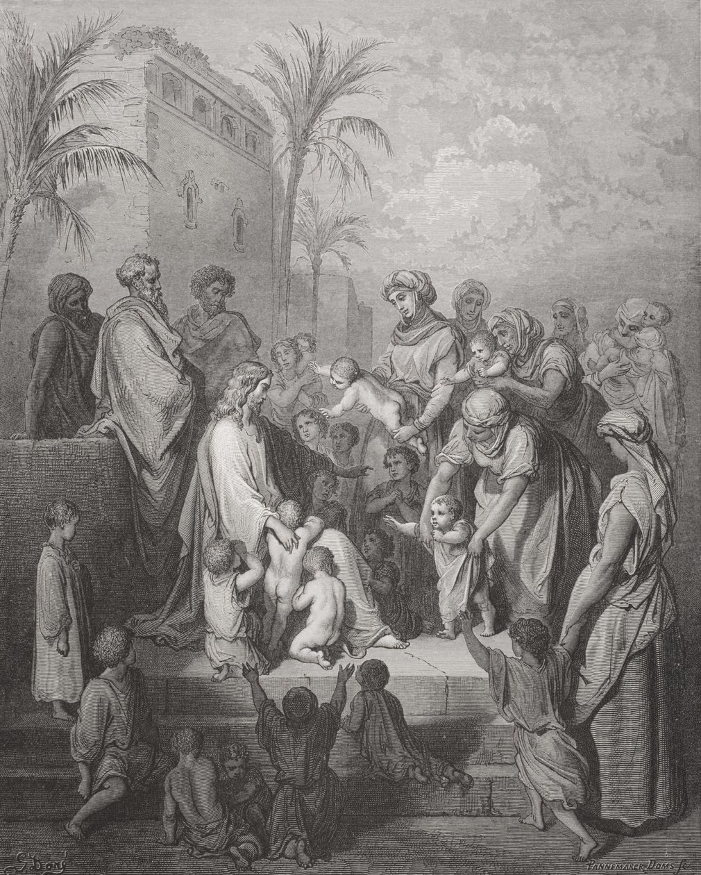 Jézus megáldja a gyermekeket, illusztráció Dore „The Holy Bible” című művéből, Pannemaker metszete, 1866 alkotó: Gustave Dore