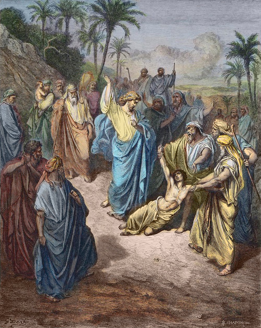 Jézus Krisztus a démon fiatal megszállottja ellen harcol - Jézus meggyógyítja az őrültet - Színes gravírozás Gustave Dore után. alkotó: Gustave Dore