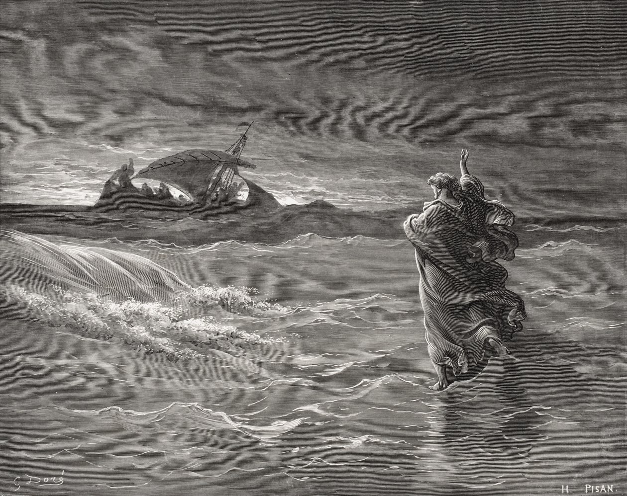 Jézus a tengeren jár, János 6:19-21, illusztráció Dore „The Holy Bible” című könyvéből, vésett Pisan, 1866 alkotó: Gustave Dore