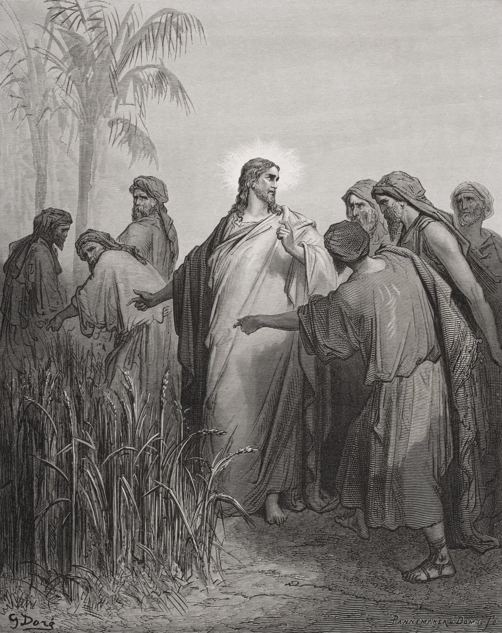 Jézus és tanítványai a kukoricatáblán, illusztráció Dore „The Holy Bible” című könyvéből, Pannemaker metszete, 1866 alkotó: Gustave Dore