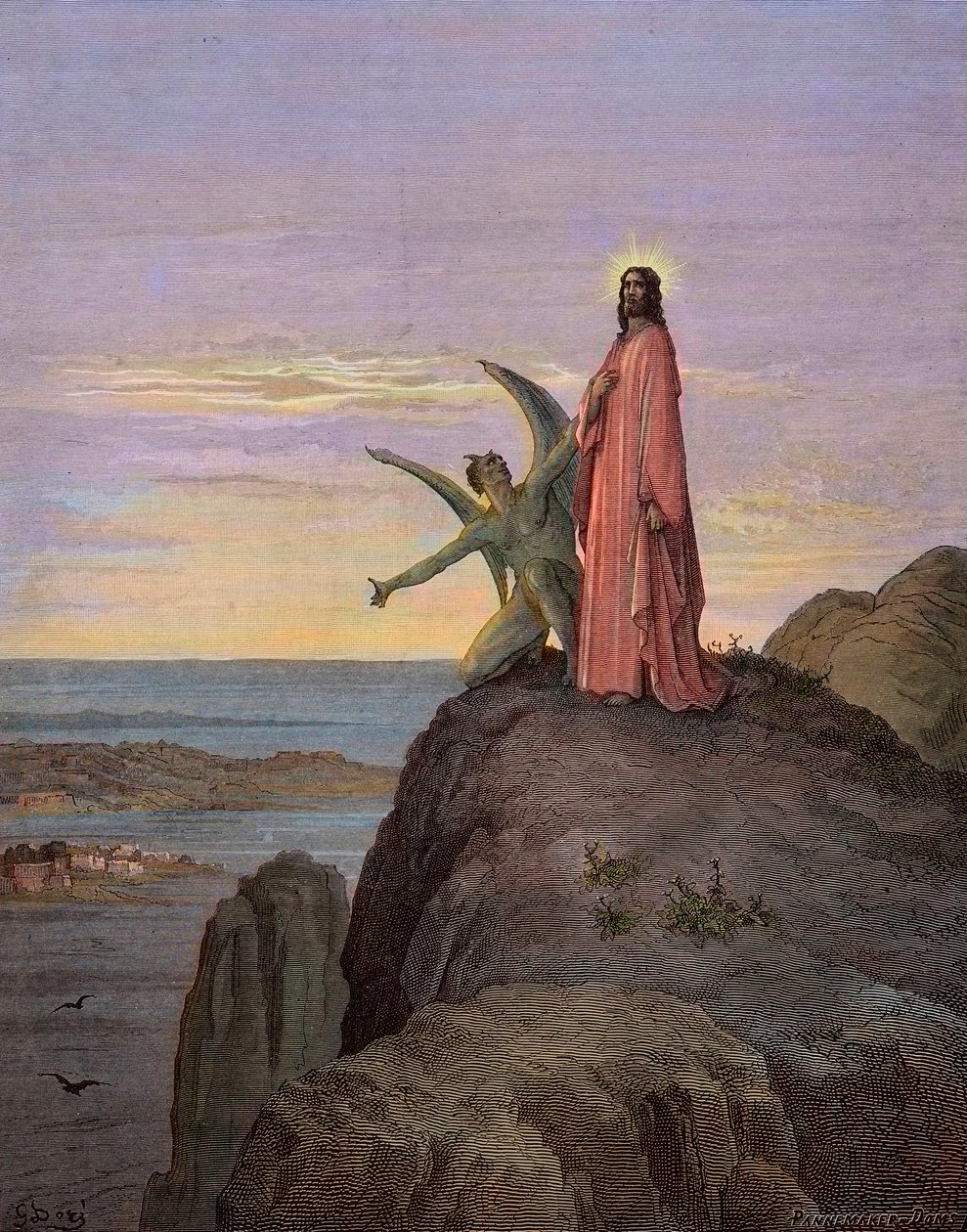 Jézus a sivatagban, kitéve az ördög kísértésének - Krisztus megkísértése - Sátán megkísértette Jézust - Gustave Dore metszet - későbbi színezés alkotó: Gustave Dore