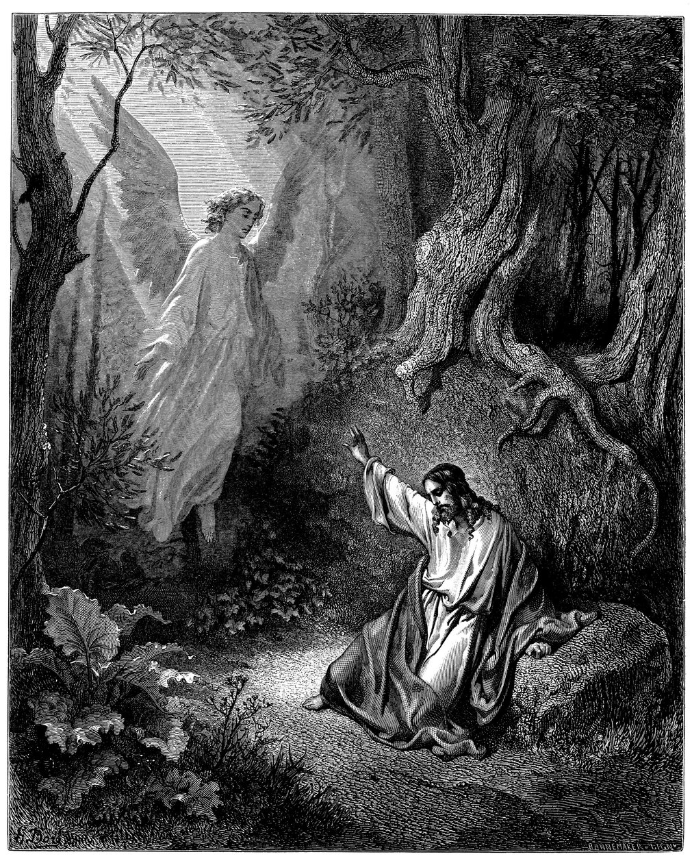 Jézus az Olajfák hegyén: megjelenik neki egy angyal, hogy bátorságot adjon neki - Gustave Dore illusztrációja a Biblia számára - alkotó: Gustave Dore