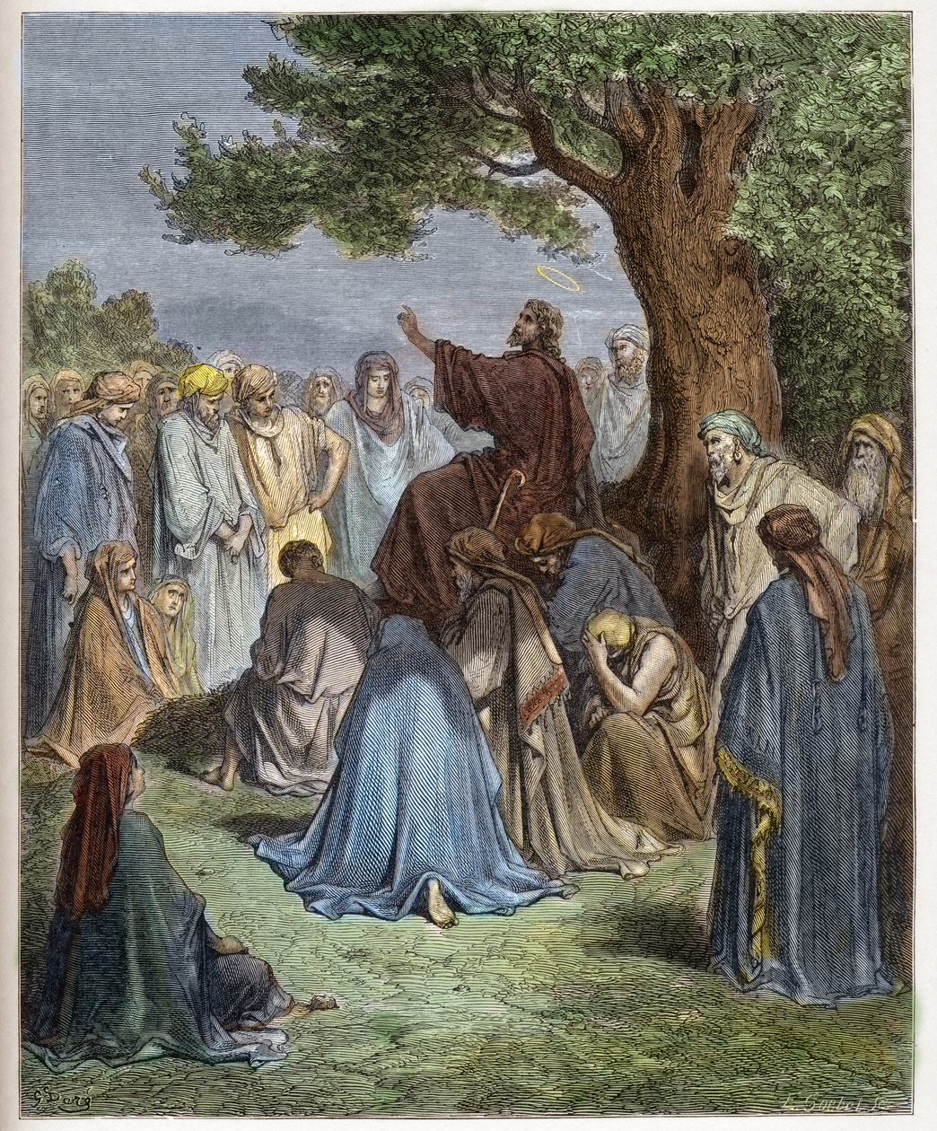 Jézus prédikál a tömegnek - Jézus prédikál a sokaságnak - Jézus prédikál a tömeg előtt - - Metszet Gustave Dore (1832-1883) „The Bible illustree”-be - Metszet a „Dore Bibliából” alkotó: Gustave Dore