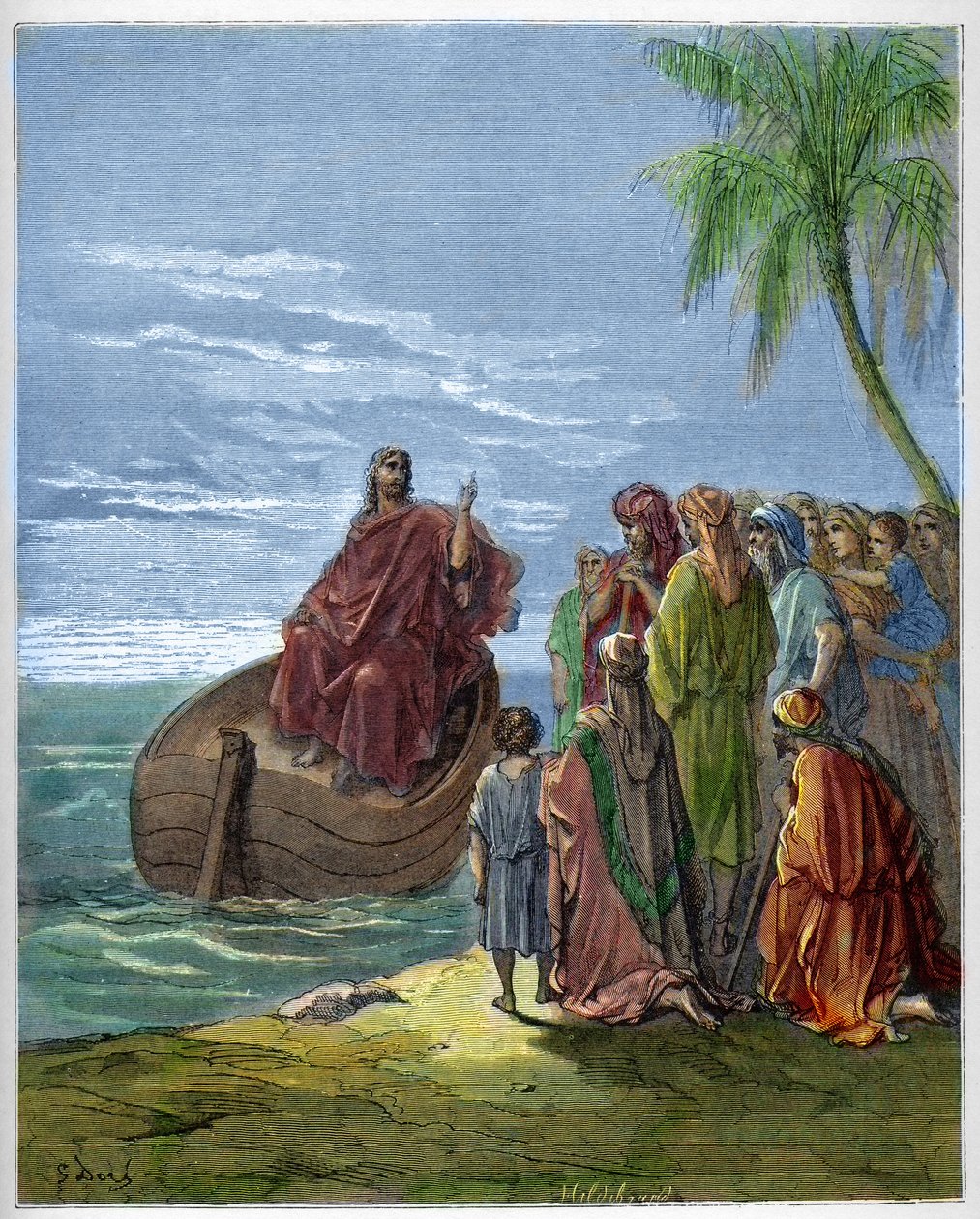 Jézus prédikál a Genezáret-tavon (Genesareth, Ginosar vagy Kinneret) (Tiberiad-tó) (Galileai-tenger) - Jézus prédikál a Galileai-tengernél - - Gustave Dore (1832-1883) „Biblia illusztrációja” vésése - Metszet a „ "A Dore Biblia" alkotó: Gustave Dore