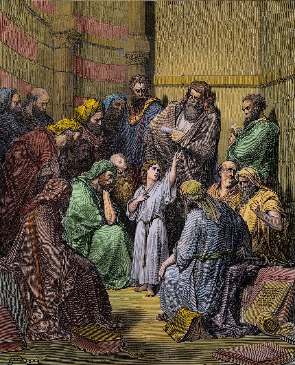 Jézus az orvosokkal a templomban - Jézus a templomban az orvosok között - Gustave Dore (1832-1883) metszet - későbbi színezés alkotó: Gustave Dore