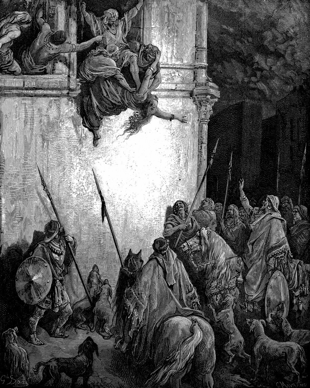 Jezabelt, a föníciai hercegnőt és Akháb izraeli király feleségét Jehu parancsára kidobják az ablakon, testét pedig megeszik a kutyák. 2 Királyok 9.33. Gustave Dore-tól illusztrált Biblia 1866 Fametszet alkotó: Gustave Dore
