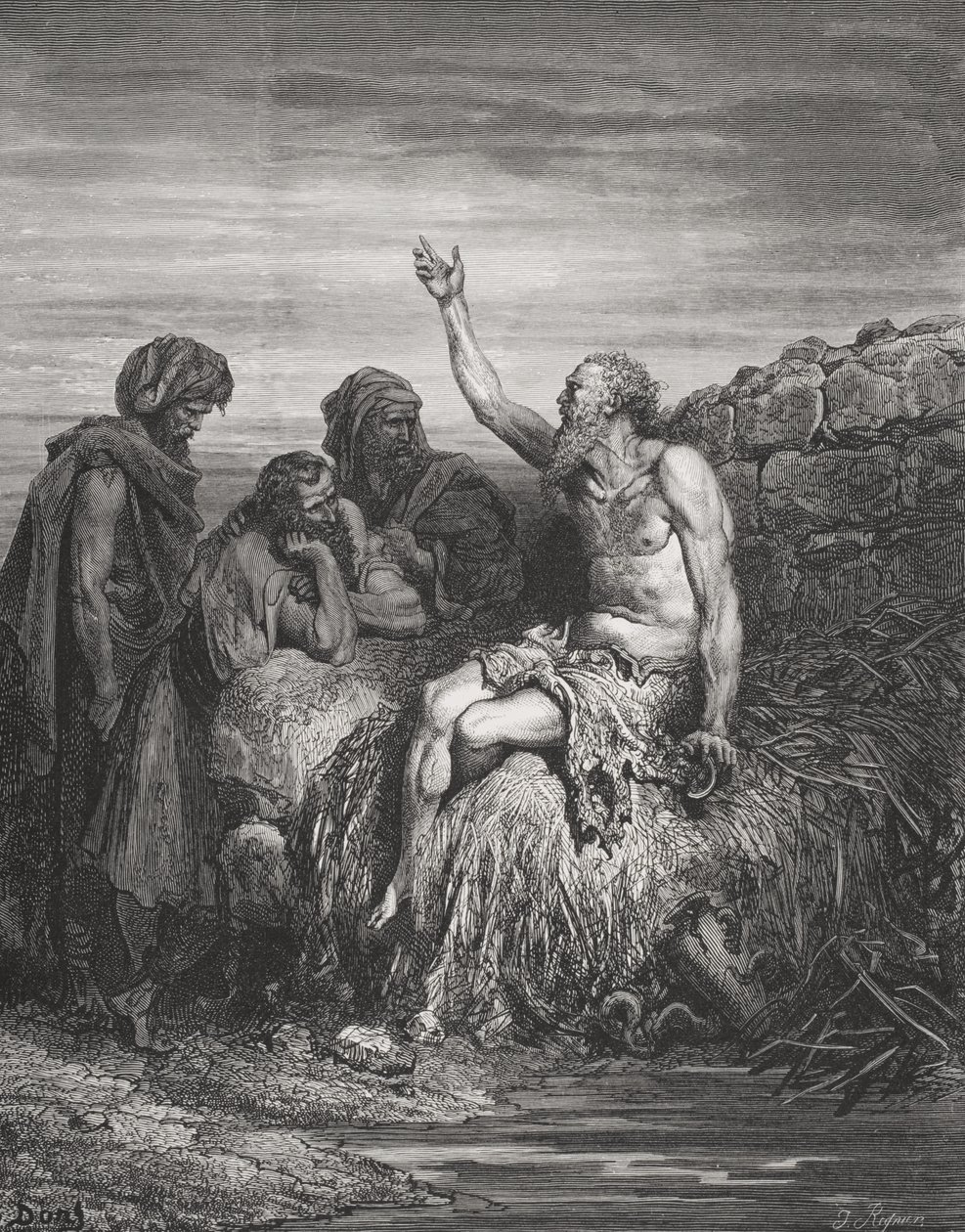 Jób és barátai, Jób 6:1-4, illusztráció Dore „The Holy Bible” című művéből, J. Regnier metszete, 1866 alkotó: Gustave Dore