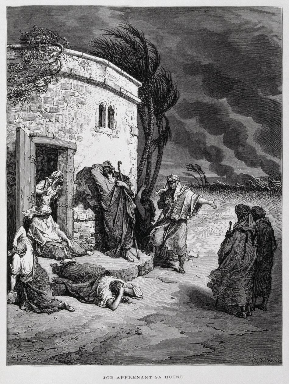 Jób felfogja a vesztét, Illusztráció a Dore Bibliából alkotó: Gustave Dore