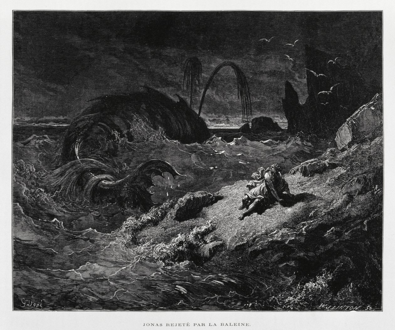 Jónást a szárazföldre dobja a bálna, Illusztráció a Dore Bibliából alkotó: Gustave Dore