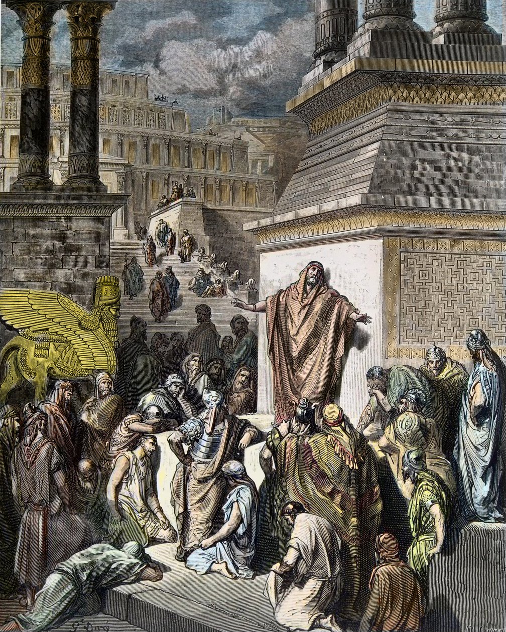 Jónás bűnbánatra buzdítja a ninivitézeket – Jónás bűnbánatra buzdítja a ninivitákat – illusztráció Gustave Dore „The Holy Bible” című könyvéből, Pannemaker vésette alkotó: Gustave Dore
