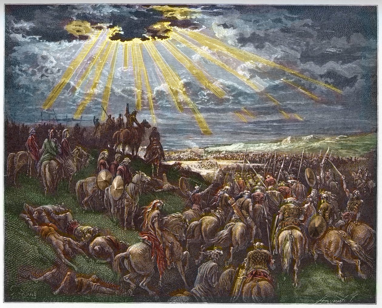 Joshua parancsolja a napnak, hogy álljon meg – Josue arrete le soleil – gravírozás Gustave Dore (1832-1883) „The Bible illustree”-be – Metszet a „Dore Bibliából” alkotó: Gustave Dore
