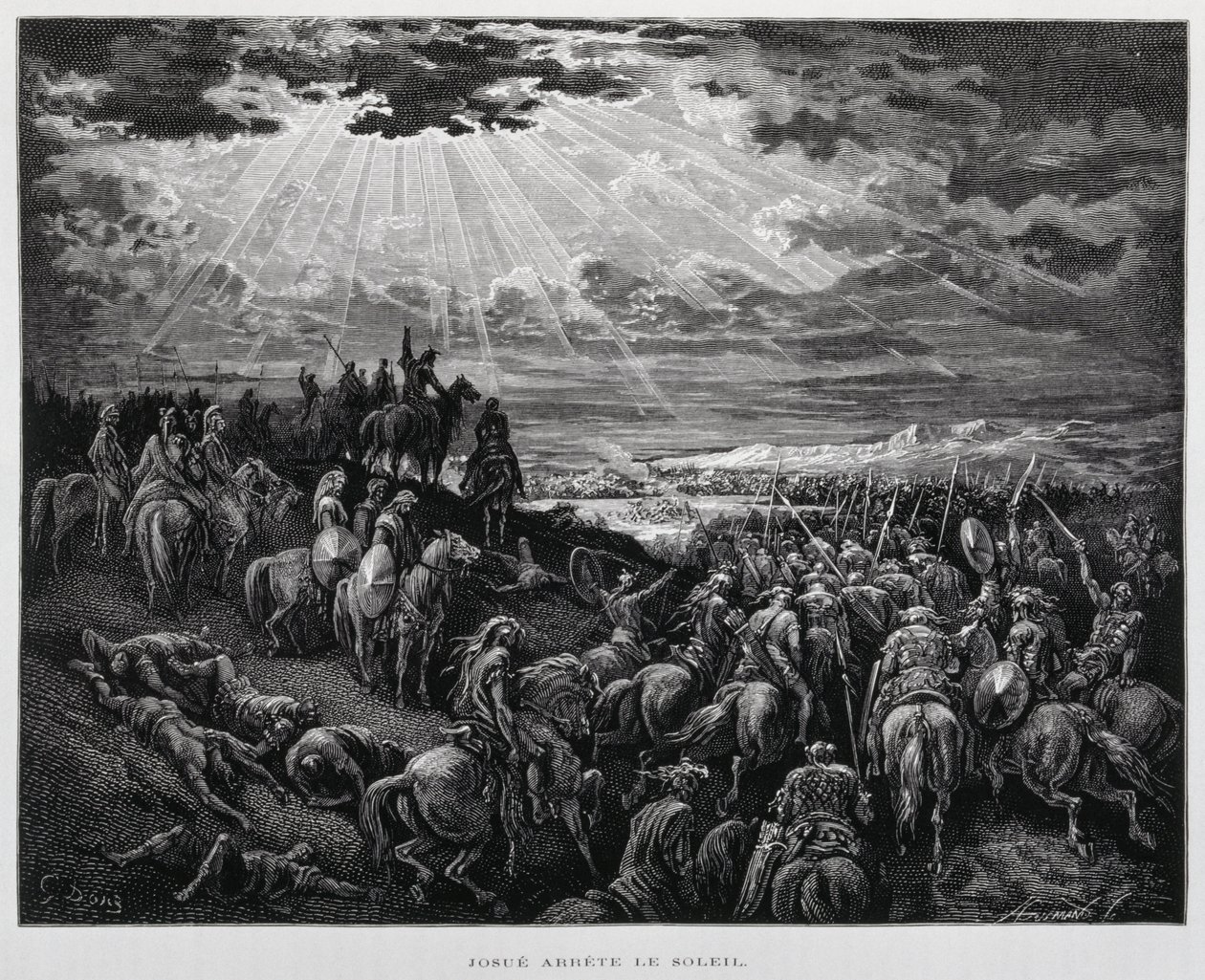 Joshua megállítja a napot, Illusztráció a Dore Bibliából alkotó: Gustave Dore