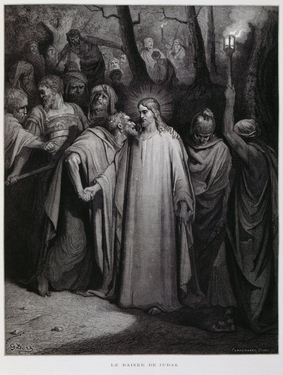 Júdás csókkal árulja el Jézust; Illusztráció a Dore Bibliából alkotó: Gustave Dore