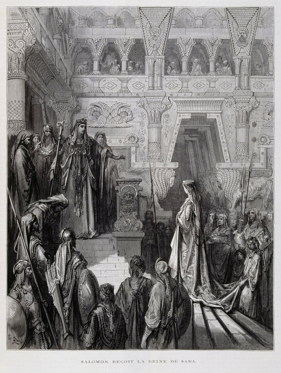 Salamon király fogadja Sába királynőjét, Illusztráció a Dore Bibliából alkotó: Gustave Dore