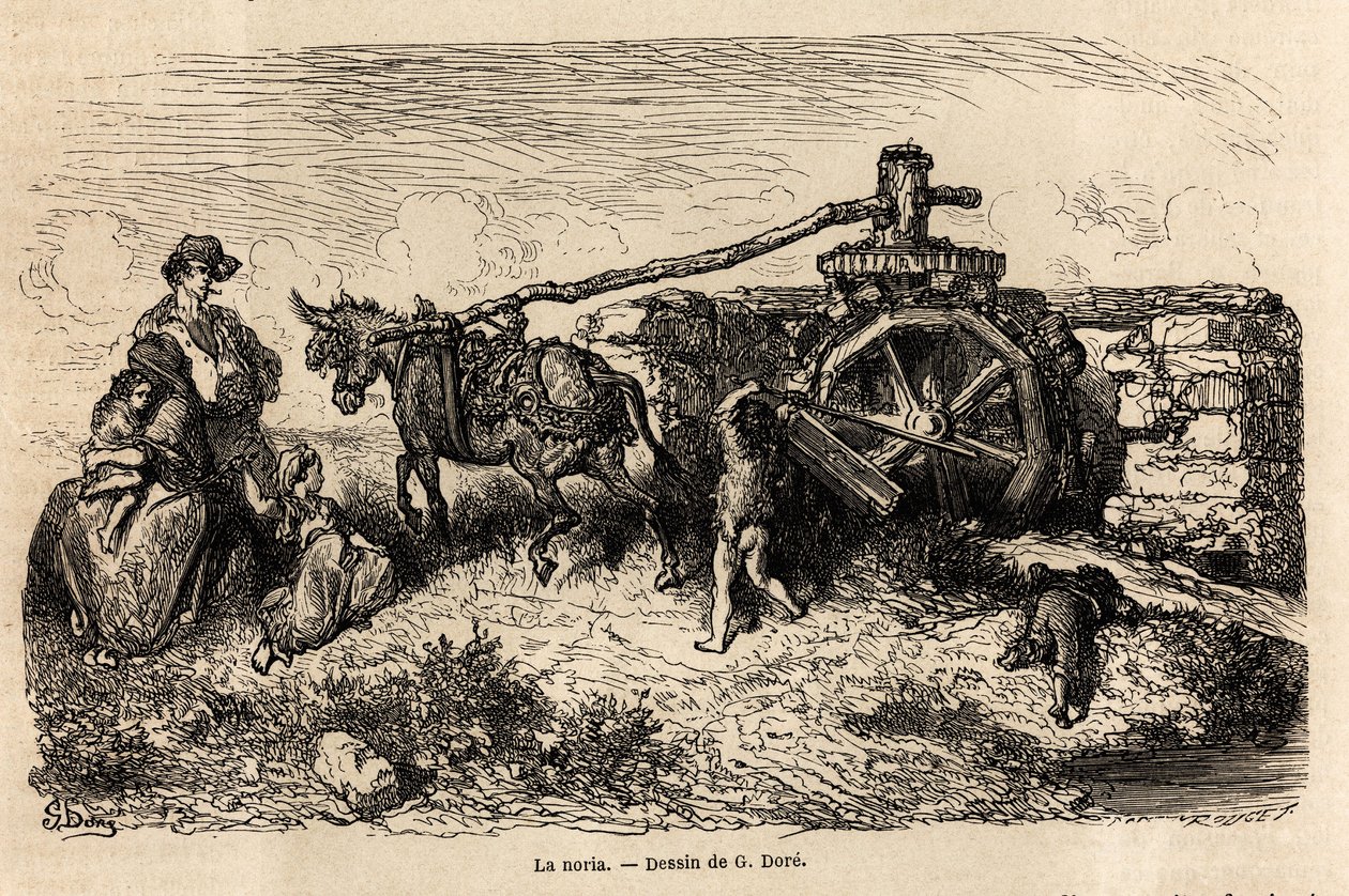 Gustave Dore (1832-1883) 1862-es spanyolországi utazásának szemléltetésére a La noria, egy hidraulikus gép vízszintemelésre az áram által termelt energiával. Metszet a „Le tour du”-ban monde “”, szerkesztette: Edouard Charto alkotó: Gustave Dore