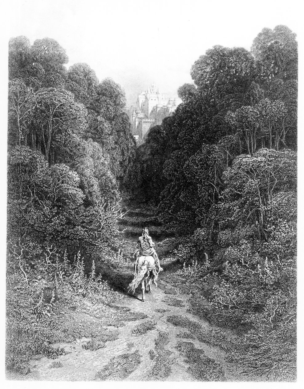 Lancelot megközelíti az astolati kastélyt, illusztrációja Alfred Tennyson (litho) "Idylls of the King" című könyvéből alkotó: Gustave Dore