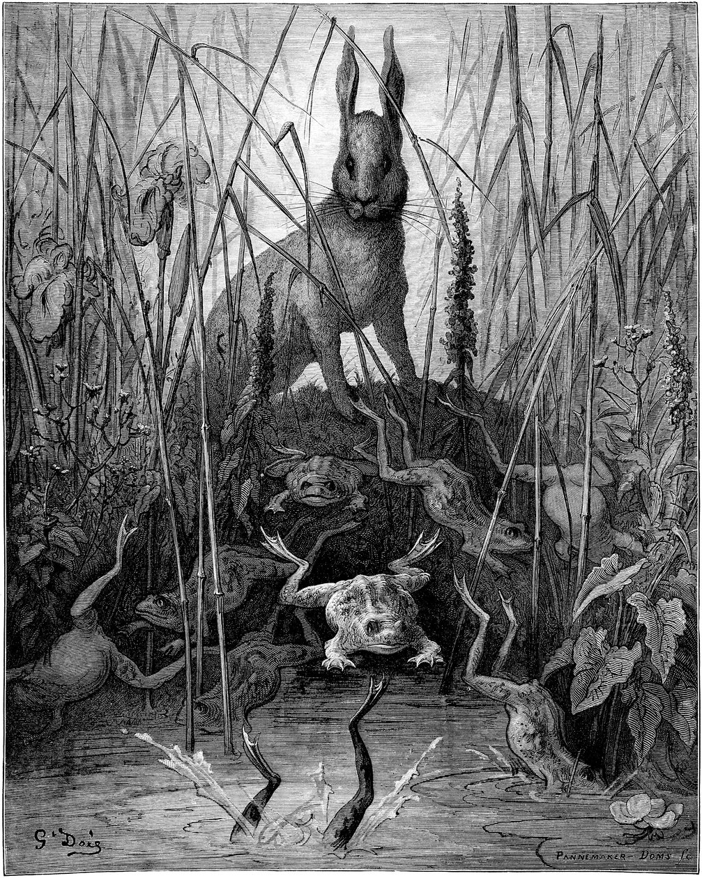 Le hare et les békák: Jean de la Fontaine meséje, Gustave Dore illusztrációi - A nyúl és a békák - alkotó: Gustave Dore