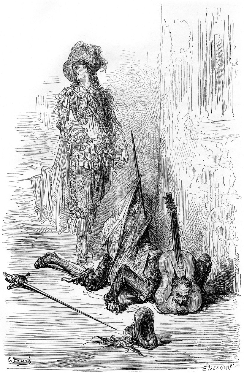 Leandre éppen egy gitárt tört Matamore fején, illusztrációja a „Fracass kapitány”-nak. alkotó: Gustave Dore