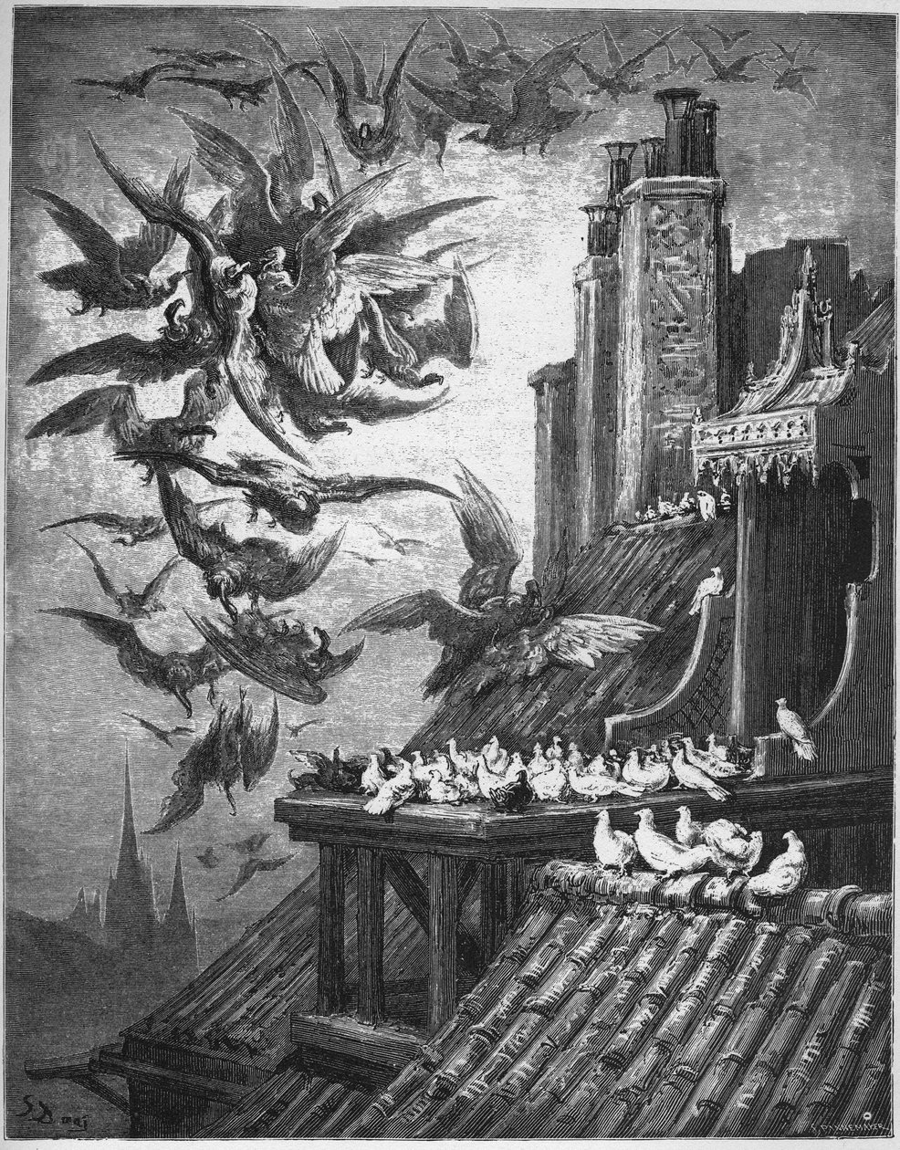 A keselyűk és a galambok – Jean de La Fontaine meséiből alkotó: Gustave Dore
