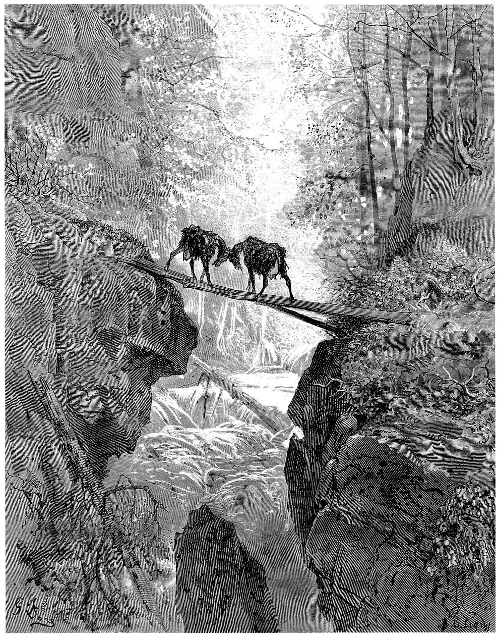 Les deux chevres: Jean de la Fontaine meséje, Gustave Dore illusztrációjával - erdő, patak, patak - alkotó: Gustave Dore