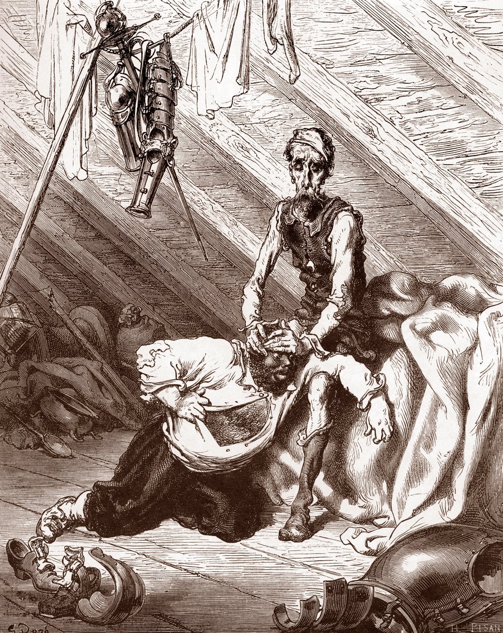 A Fierabras-elixír rossz hatásai (A Sancho zúzódásait gyógyító gyógyszer rossz hatásai) Gustave Dore (1832-1883) metszet a „L