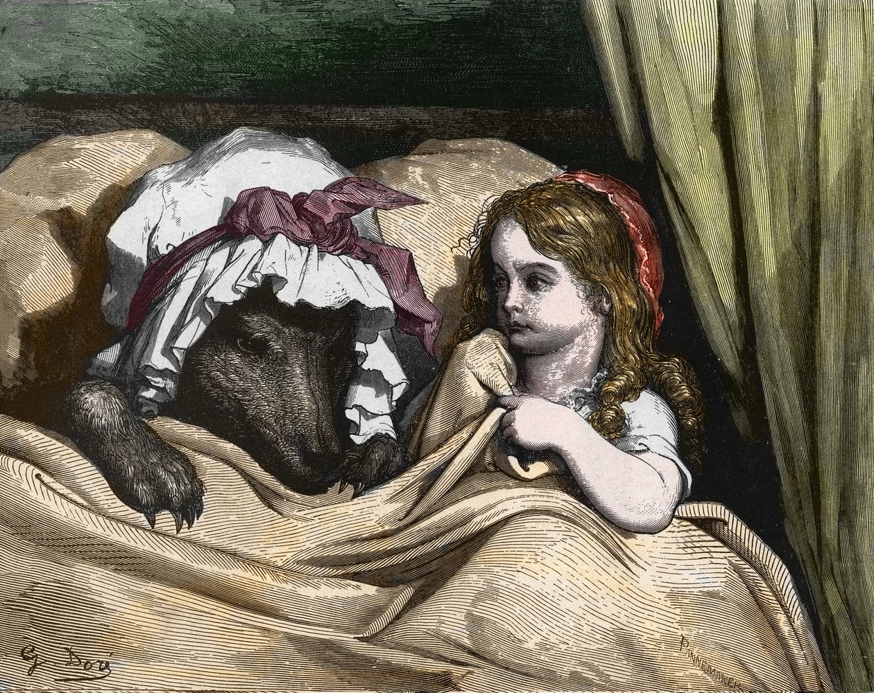 Piroska és Farkas nem szeretik, mint a nagymamát. Illusztráció: Gustave Dore alkotó: Gustave Dore