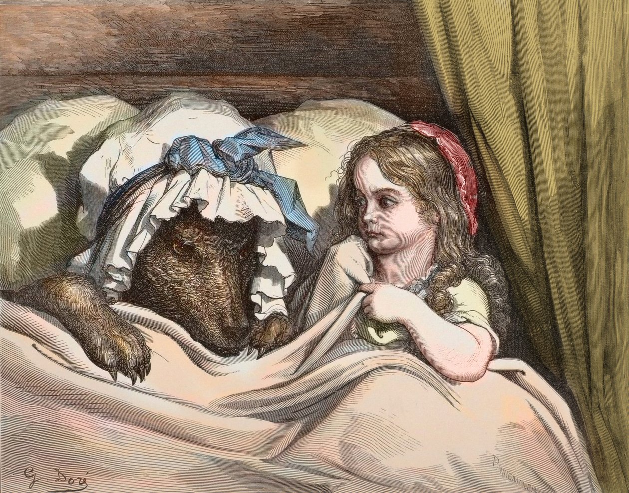 Piroska és Farkas nem szeretik, mint a nagymamát. Illusztráció: Charles Perrault (1628-1703) Gustave Dore (1832-1883) „A mesék” című művéből 1867 - Piroska - Gustave Dore (1832-1883) Metszet alkotó: Gustave Dore